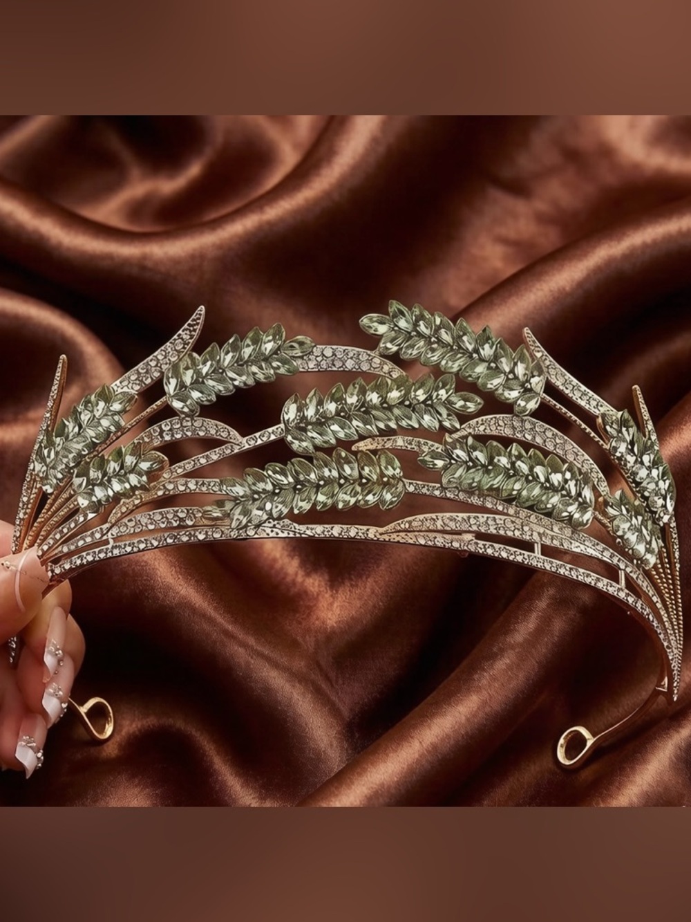 Green Crystal Wheat Leaf Headband - Gold Tone